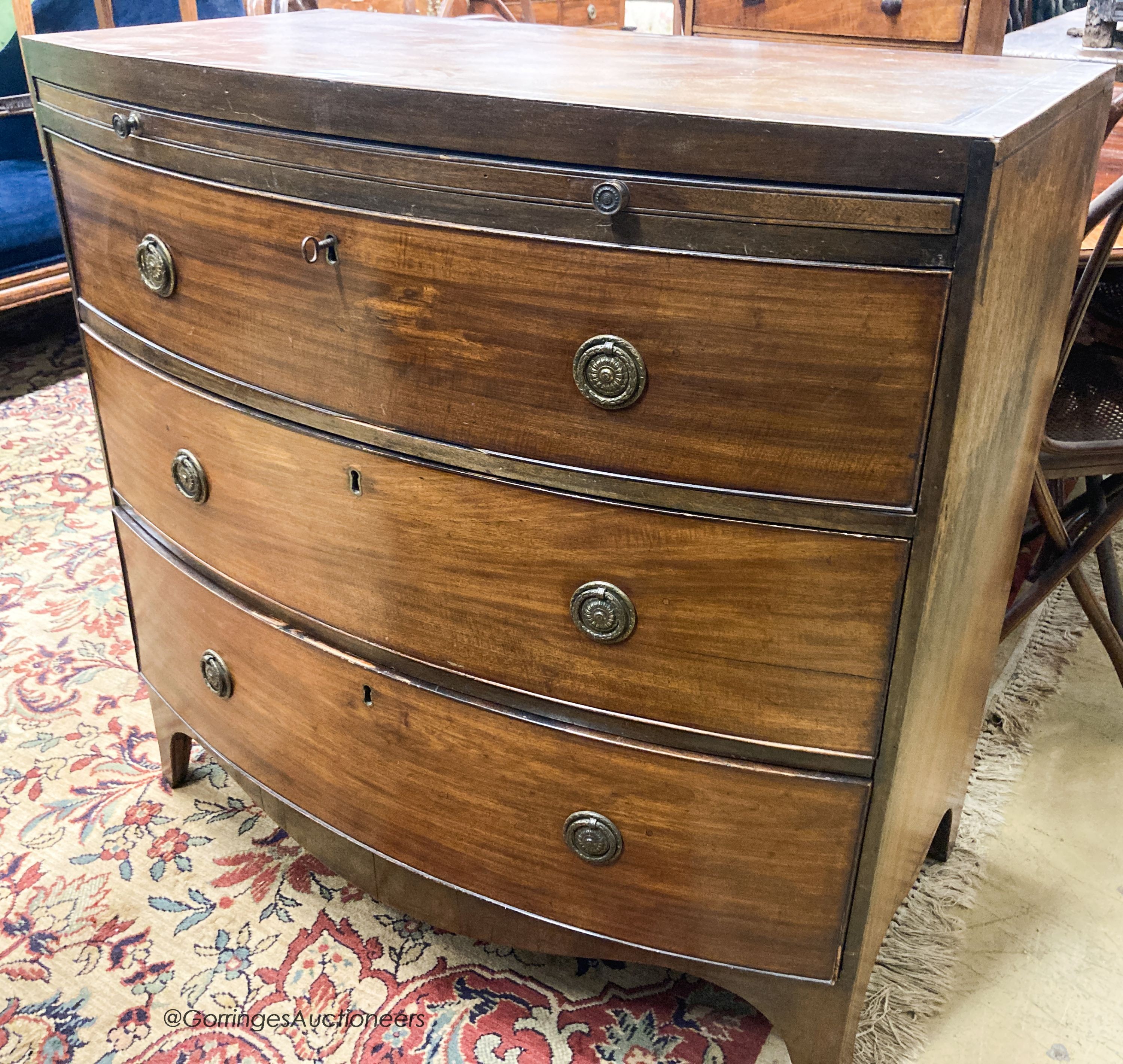 A Regency banded mahogany bowfront chest, width 91cm, depth 54cm, height 92cm